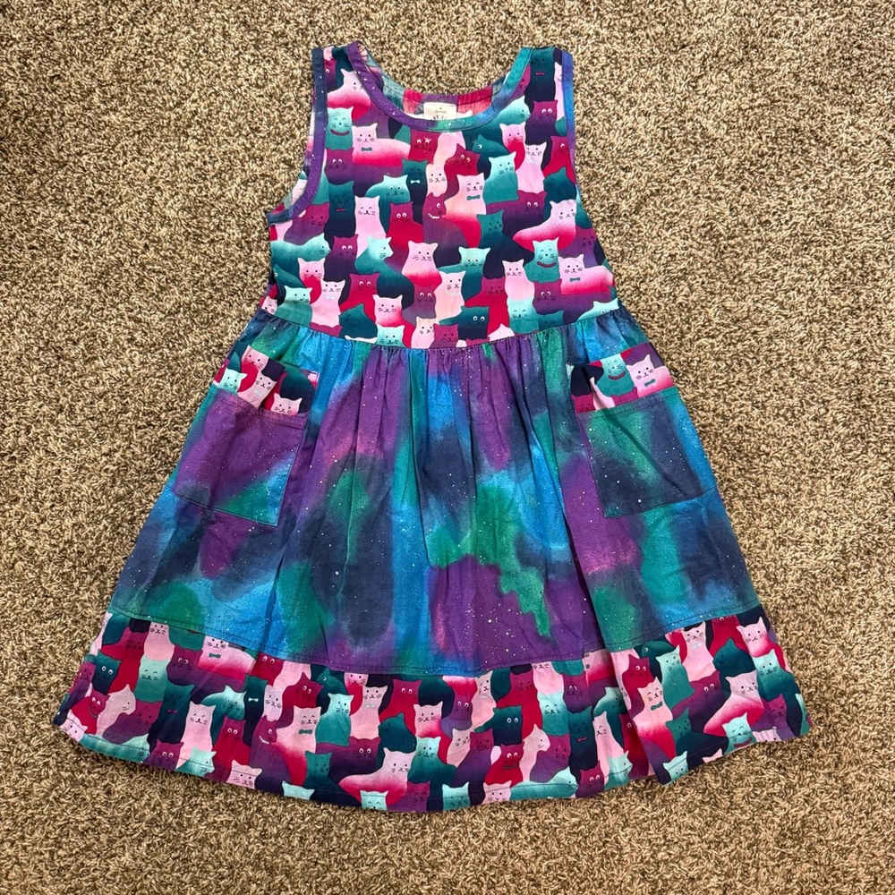 Berry Patch USA Girls Dress Size 8 Handmade Cat Kitten Sleeveless Colorful